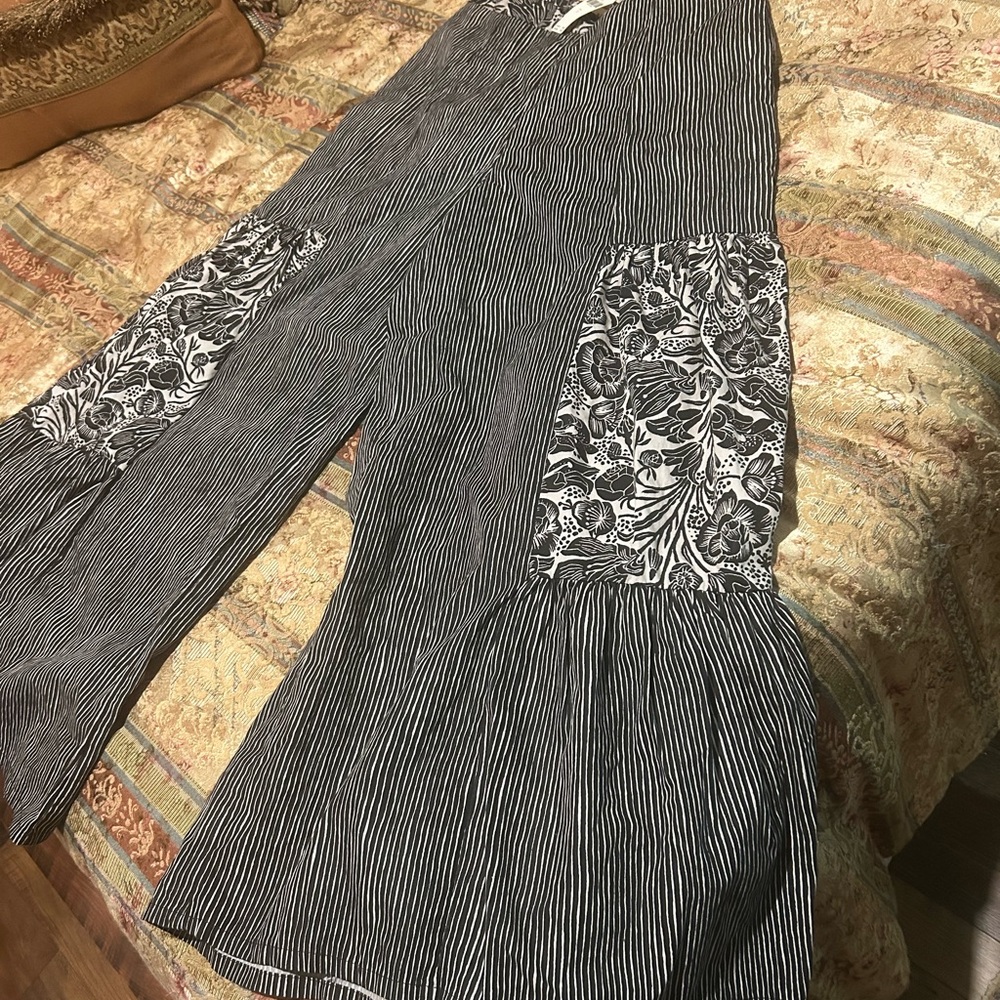 Anthropologie Black and White Striped floral Flare pants